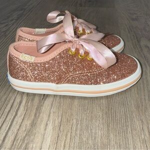 Kate Spade Keds Girl’s Size 7 Glitter Pink Sneakers With Ribbon Laces